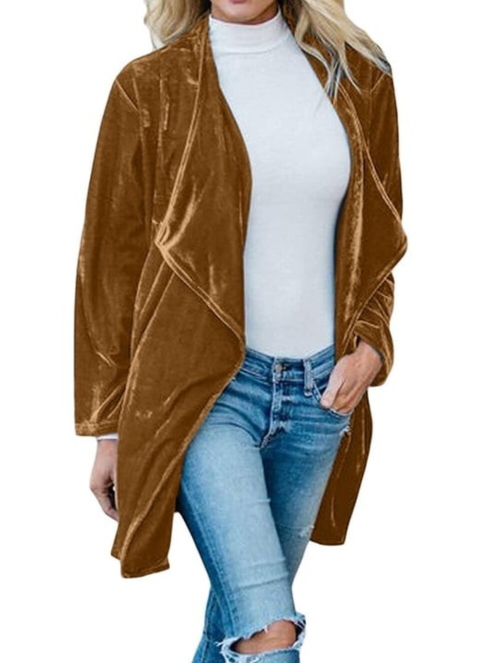 HIPSTER ROW size XL Draping Open Front Velour Cardigan Front Patch Pockets Brown